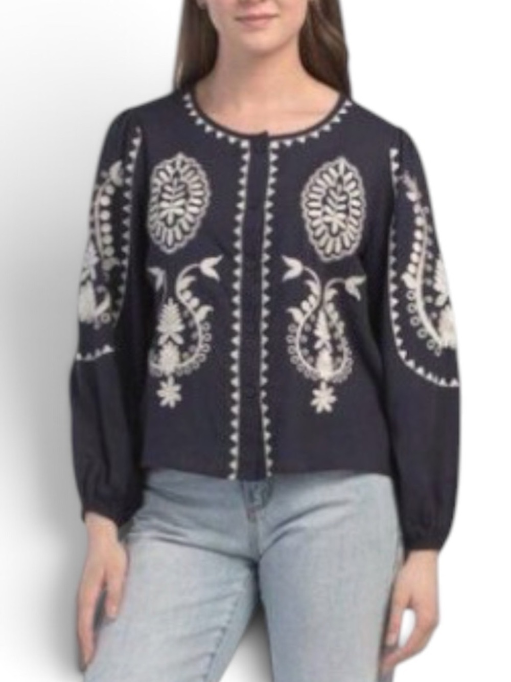 Solitaire Linen Blend Button Front Embroidered Blouse in Navy/Tan Sz M - Picture 10 of 11
